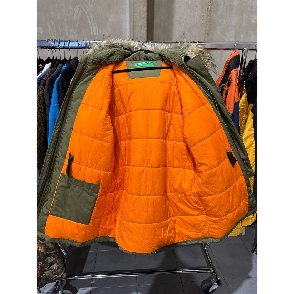United Colors of Benetton Olive Green Faux Fur Hood Parka Jacket Orange Lining - Picture 4 of 5